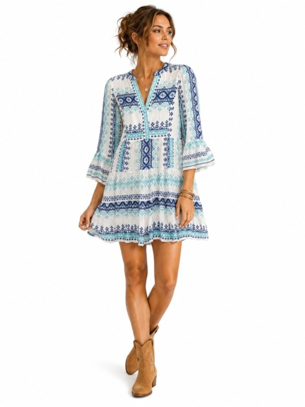 Hale Bob Embroidered Boho Tunic Dress White Blue Print Large Resort Cover Up